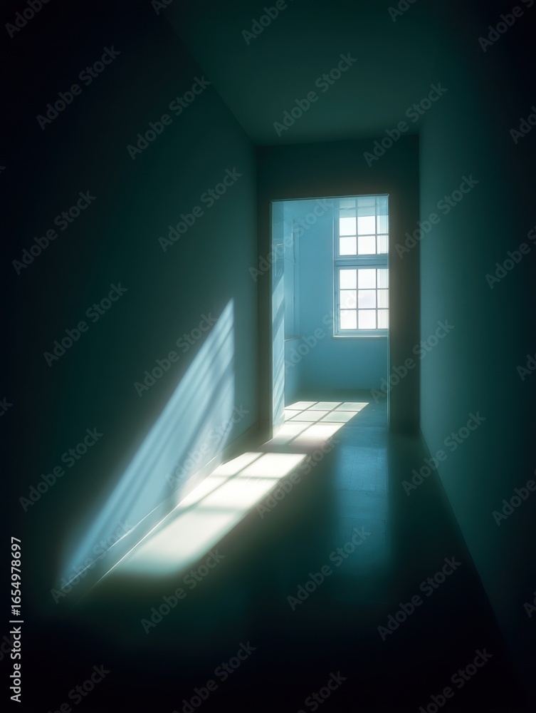 Poster interior hallway with sunlight entering through a window creating light and shadow play minimalist a