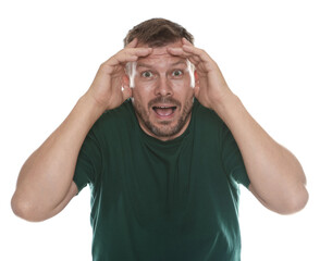Man suffering from panic attack on white background