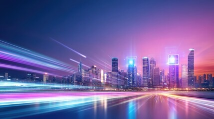 Fototapeta premium Futuristic City Skyline at Night with Light Trails and Urban Glow