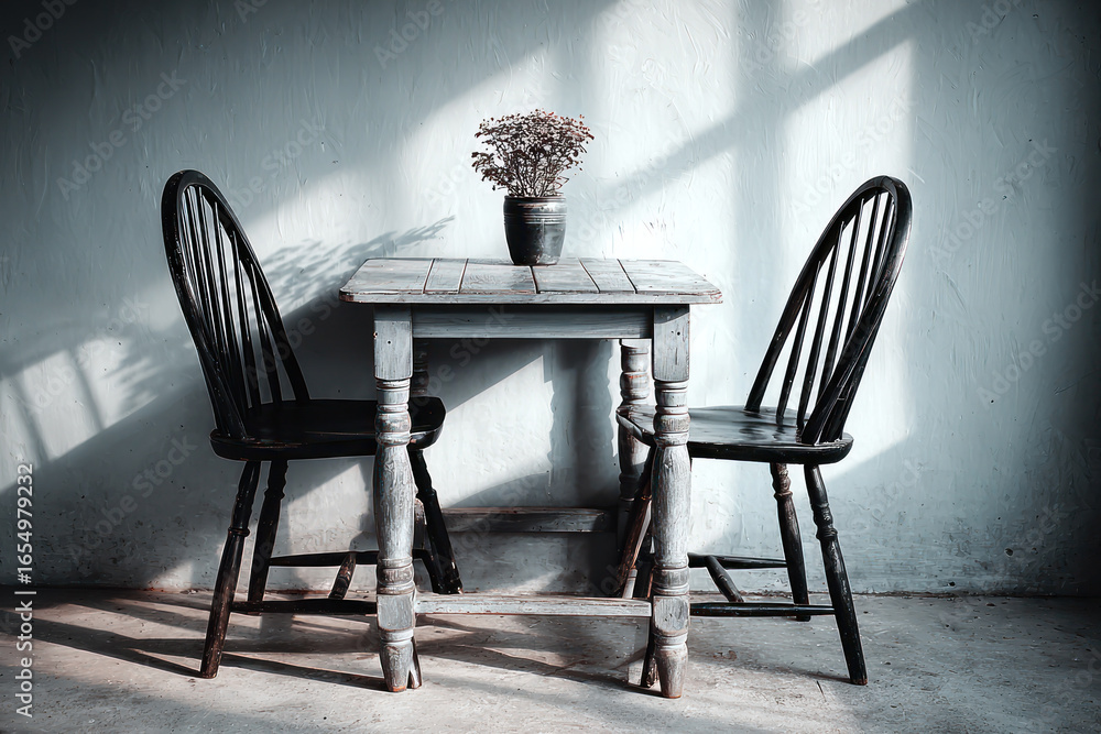 Poster sunlight shines through a window, lighting a rustic table and two black chairs next to a vase of dri