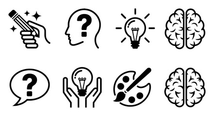 Collection of eight black and white icons representing ideas and creativity inspiration thinking
