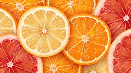 Vibrant citrus fruit slices assortment a refreshing close up showcasing healthy eating and colorful food background with orange lemon and grapefruit