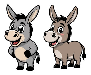 Two cute donkeys smiling happily, with a grey and brown fur, they're adorable and friendly