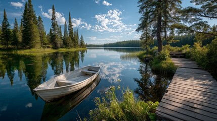 wooden pier with rowboat on calm forest lake summer morning scenery