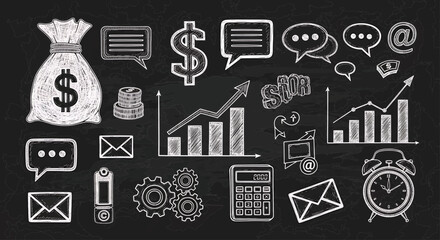 Hand-drawn chalk illustration on a blackboard, a creative mix of business, finance, and communication icons representing strategic growth.