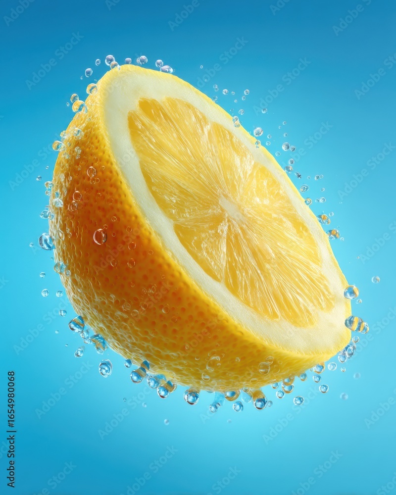 Poster lemon slice with water droplets floating against a blue background studio shot close up refreshing c