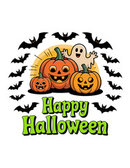 Happy Halloween with pumpkins and ghost jack-o-lantern