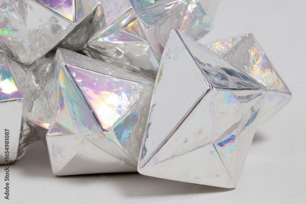 Poster close-up of iridescent silver geometric shapes on white background in studio setting for abstract de