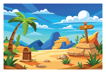 Obraz premium Cartoon desert landscape with palm tree signpost and distant mountains under a clear sky