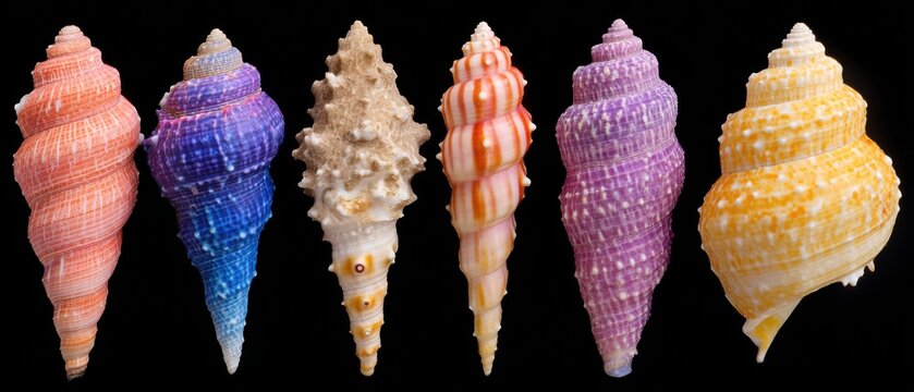 Colorful Tower Seashells Displayed Against Black Backdrop Studio Shot Marine Life Close Up Macro Photography