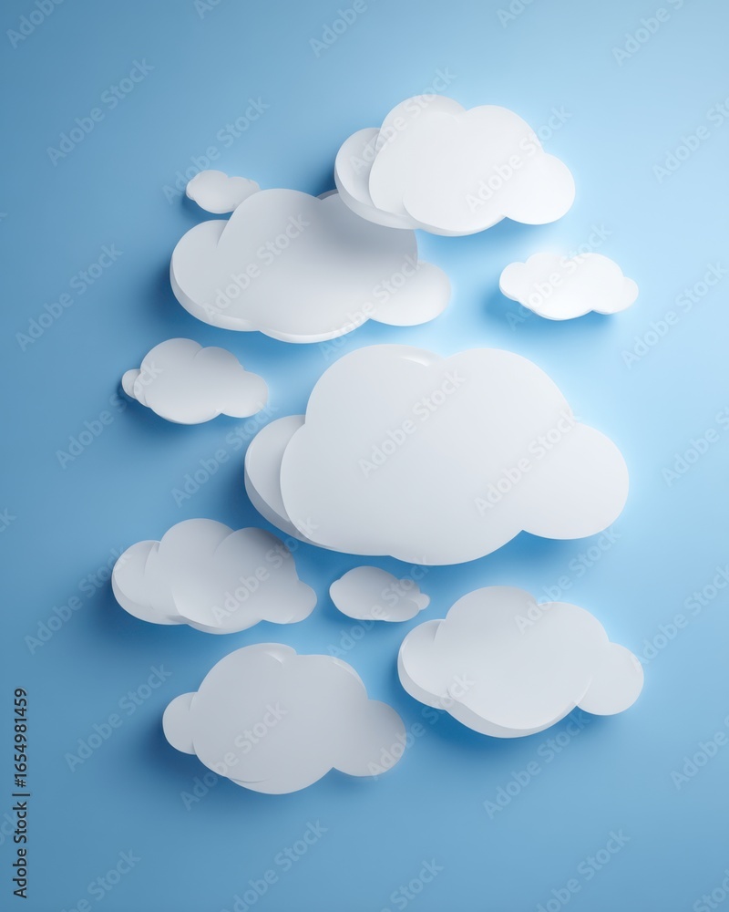 Poster floating white paper clouds on light blue backdrop top down view conceptual illustration for weather