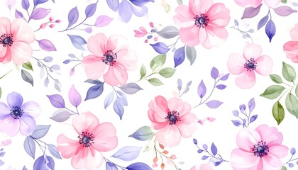 Delicate watercolor floral pattern featuring soft pinks, purples, and greens on a white background.