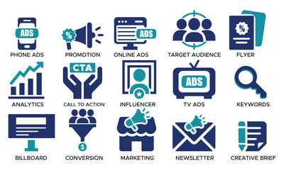 Marketing and advertising icon set vector design, business promotion icons symbols, branding communication icons, digital marketing strategy icons