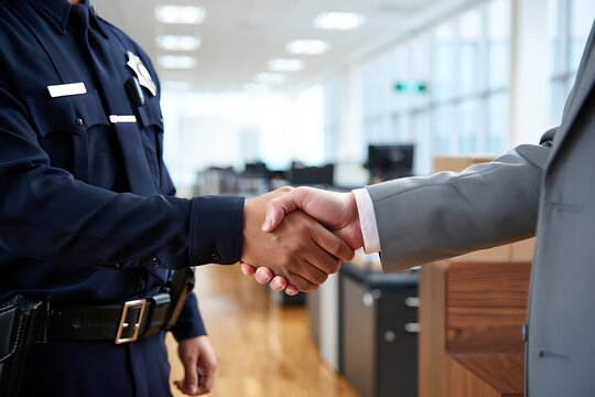 Law enforcement officer and businessman shaking hands in agreement and partnership