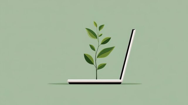 Minimalist Flat Vector of Laptop with Green Plant Growing Inside on Simple Background