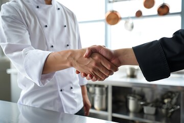 Two chefs in uniform shaking hands in a professional kitchen setting