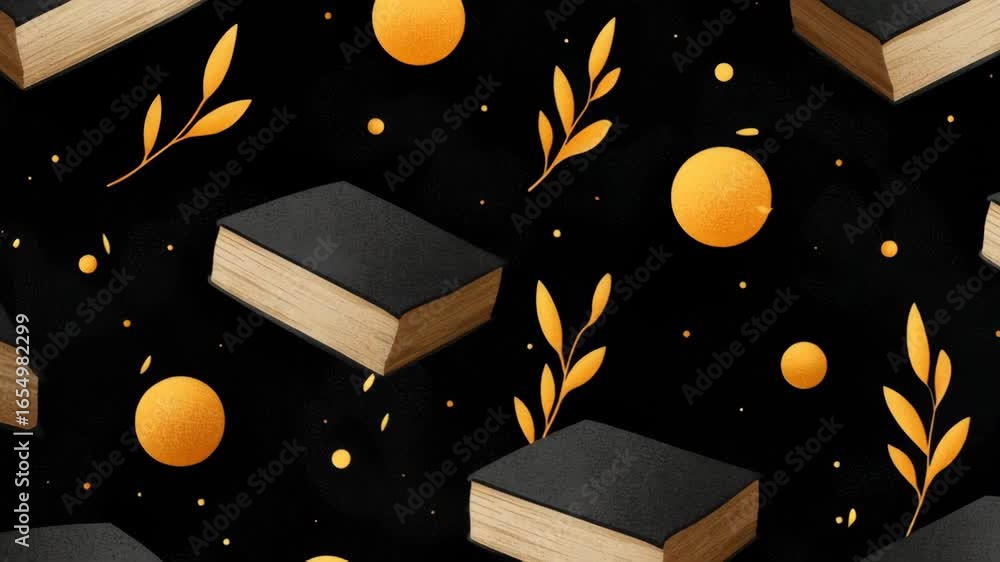 Poster seamless repeating texture with books and flowers on a dark background
