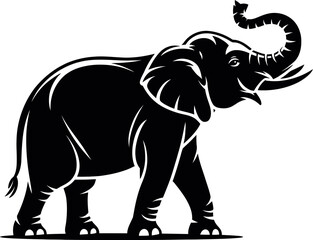 An illustration of a black elephant with its trunk raised walking on a white background vector image