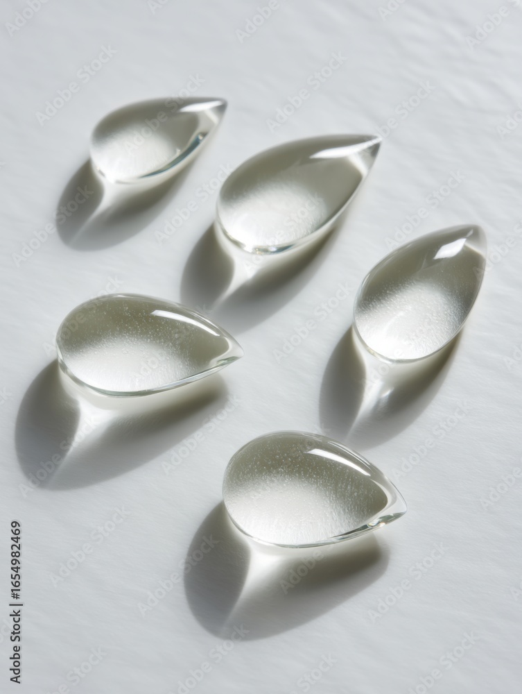 Poster five clear teardrop glass objects casting shadows on white surface in studio still life overhead sho
