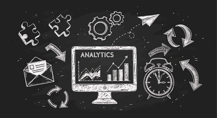 Business intelligence and digital marketing strategy visualized as a chalk drawing with an analytics dashboard and icons.