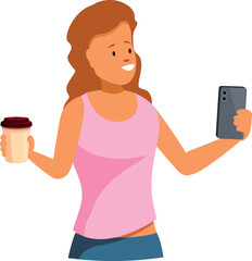 Cheerful woman enjoying coffee while taking selfie with smartphone