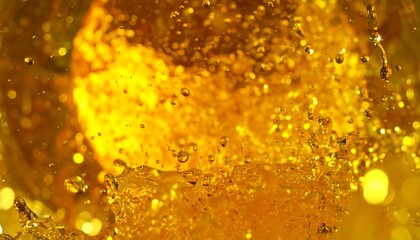 Vibrant golden liquid with dynamic splashes and effervescent bubbles creates a captivating visual feast.