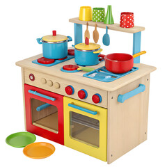 (Toy Kitchen Set) &mdash; Colorful toy kitchen utensils and stove, isolated PNG