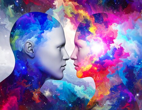 Two androgynous heads merge with a cosmic nebula