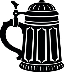 A black and white vector image of a beer stein with a handle and a lid on a white background design