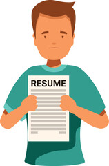 Worried man holding resume after unsuccessful job interview, seeking employment opportunity