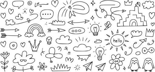 cute black and white line art doodles including light bulbs flowers paper airplanes and penguins vector ai eps png