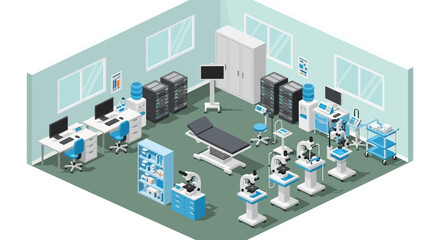 Isometric medical lab equipment and furniture vector illustration