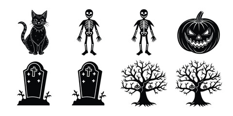 Halloween Vector Illustration Set with Black Cat Skeletons Pumpkin and Tombstones