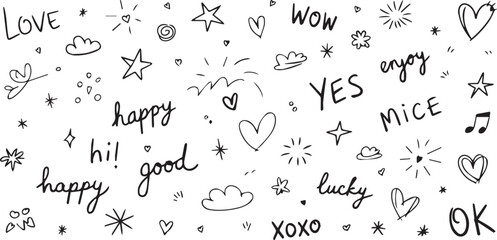 hand drawn positive word doodles vector love wow yes enjoy happy hi good nice lucky xoxo ok for cheerful design assets © AIcon Star