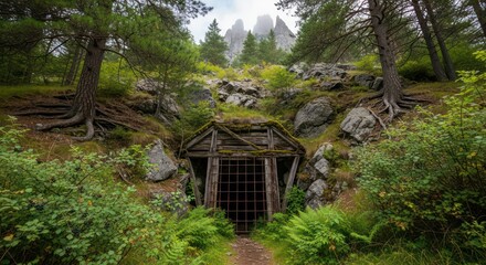 Mysterious Wooden Mine Entrance in Lush Forest with Rocky Mountain Backdrop