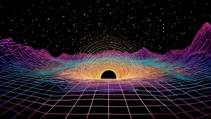 A vibrant, digital landscape with a vortex