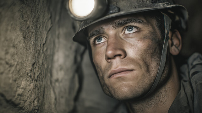 A compelling portrait of a young, determined miner looking ahead, his face illuminated by his headlamp, with the dusty, textured walls of the mine behind him, capturing a sense of hope and hard work.