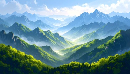 Fototapeta premium Majestic mountains rise above lush green valleys, bathed in soft morning light, creating a serene and breathtaking landscape scene.
