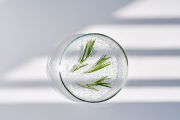 Rosemary serum in a petri dish on a background with streaks of shadows.
