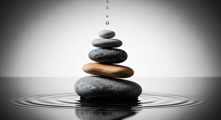 Stacked Zen Stones with Water Droplets  Balance Mindfulness Meditation Serenity Calmness Stillness Harmony Tranquility Peacefulness Equilibrium