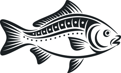 A stylized black and white illustration of a fish with detailed fin and body markings design element
