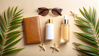 Summer essentials: Sunglasses, skincare, travel wallet, and starfish on a neutral background