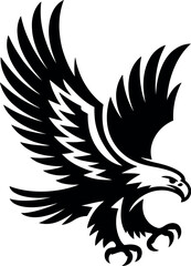 A black and white vector image of an eagle with its wings spread and talons extended in a predatory pose