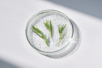 Antioxidant serum and rosemary in a petri dish.