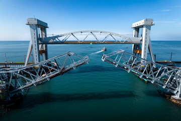 Iconic Pamban Bridge connecting Rameshwaram island to mainland Tamil Nadu, India. Historic sea...
