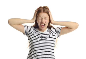 Teenage girl suffering from panic attack on white background