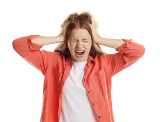 Teenage girl suffering from panic attack on white background