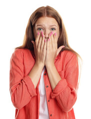 Teenage girl suffering from panic attack on white background