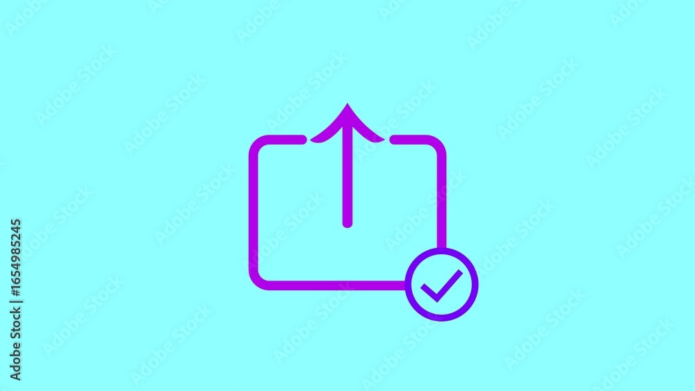 Poster digital upload and share icon with a checkmark for successful completion on a bright blue background