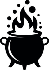 A black and white drawing of a cauldron with flames and bubbles coming from the top of the pot